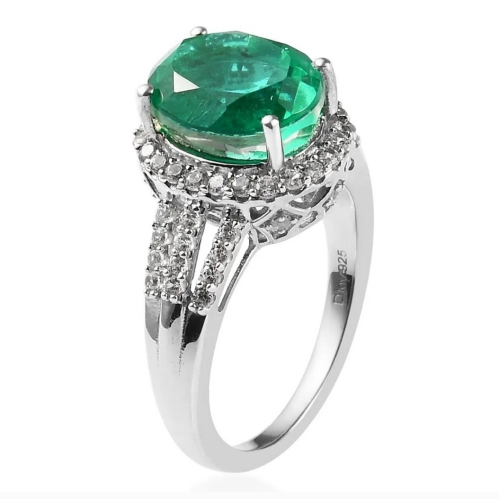 Exquisite Emeraldine Quartz & Moissanite Ring Platinum over Sterling Silver Sz 8 - Picture 5 of 12